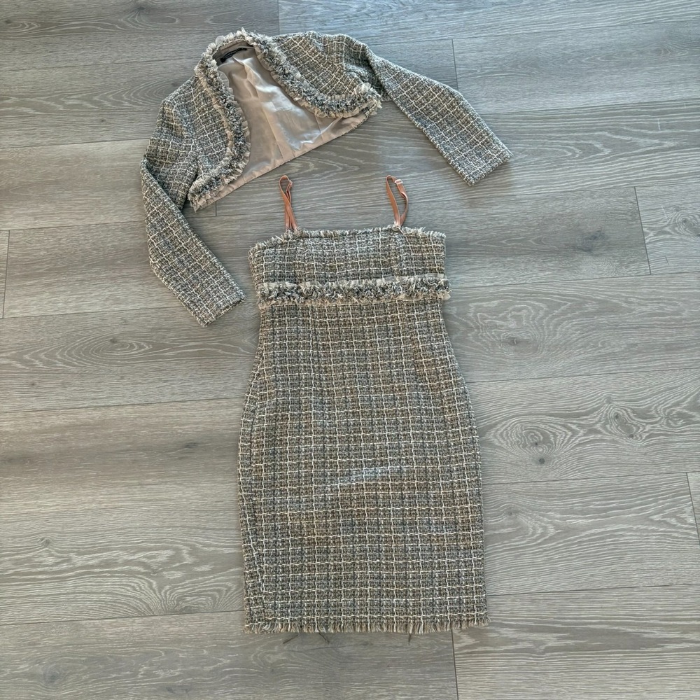 Rinascimento Womens Beige Plaid Made In Italy 2 Piece Tweed Dress & Jacket Set S - Picture 2 of 16